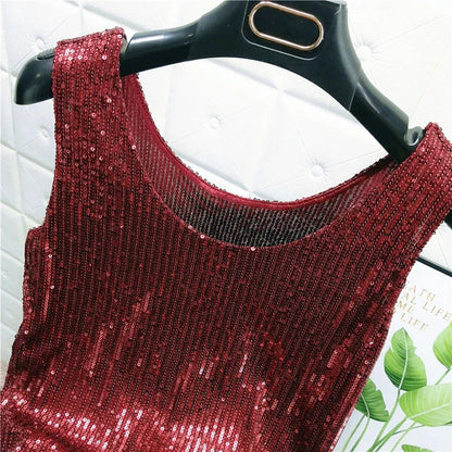 Sparkling Sequins Round Neck Vest Women's Outer Wear 2022 Summer New Bright Silk Fashion Glitter Bottoming Shirt Suspender Top