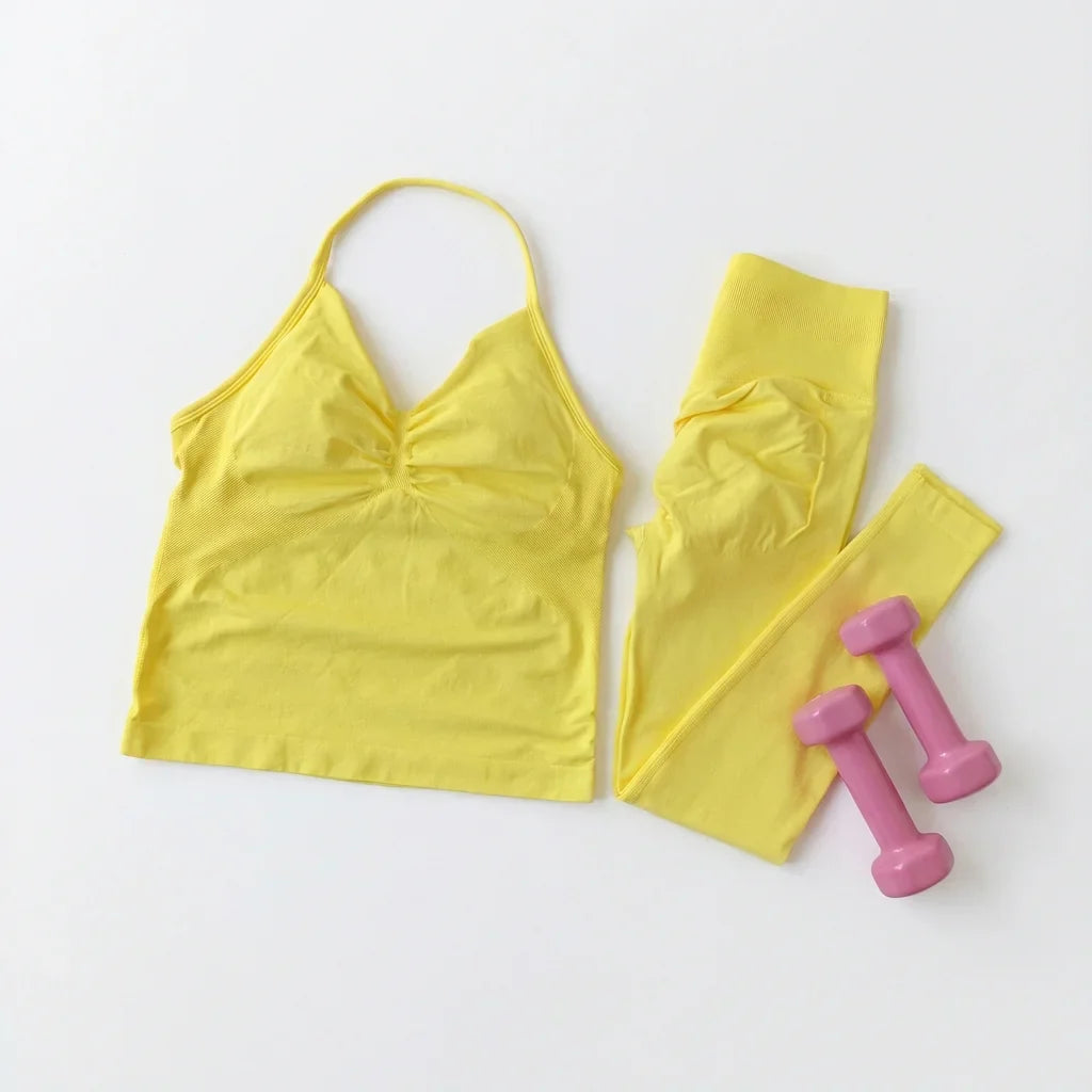Sexy Halter Neck Beautiful Back High Waist Peach Sports Bras Shorts Suit Pilates Gathering Yoga Vest Training Fitness Bra Sets