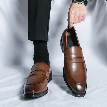 Men’s leather penny loafers pointed toe slip-on dress shoes business casual brown