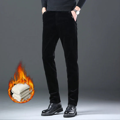 Fleece Winter Brand Men Clothing Corduroy Pants Warm Business Slim Velvet Korean Casual Trousers Male Plush Pants