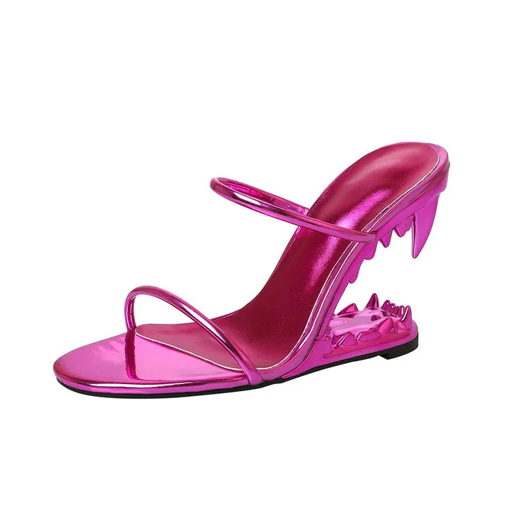 Big Gold Chain Peep Toe Tiger Teeth Heel Sandals 2024 New Fashion Silvery Beach Party Outdoors Women's Slippers Size 35-43