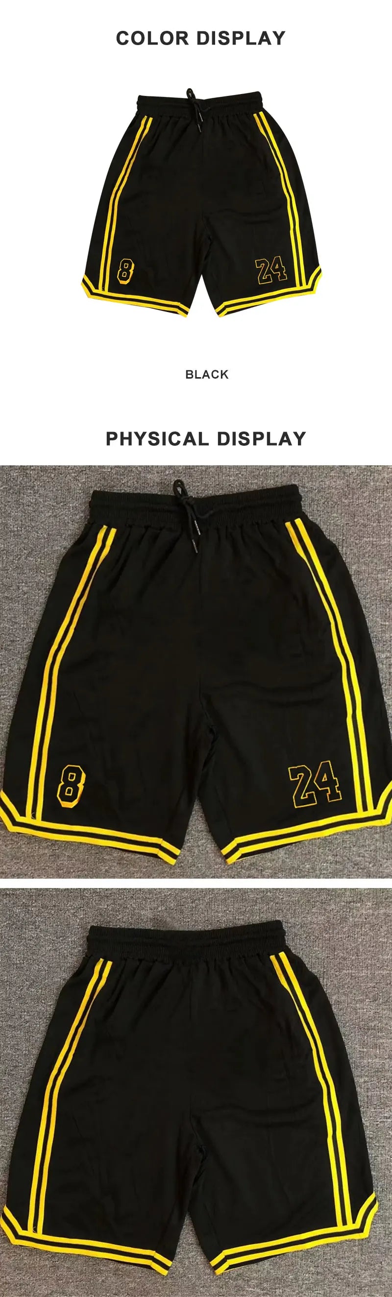 New Summer Men's Shorts Black And Yellow Patchwork No.8 And 24 Basketball Pants Casual Fitness Jogging Street Ball Sweatpants