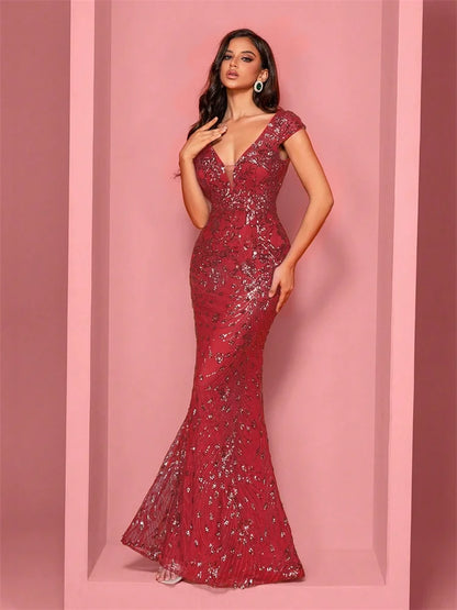 Elegant Champagne Evening Dress For Women Long 2024 Luxury Mermaid Formal Sequins Prom Wedding Party Cocktail Dresses