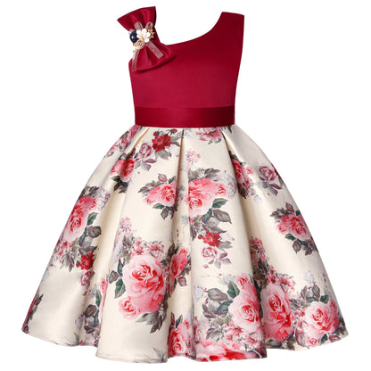 Off-the-Shoulder Dress European and American Princess Dress Girls' Printed Formal Dress Children's Hostess Dress