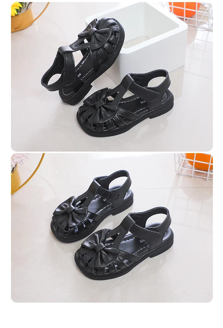 Cute Girls Sandals Bow Peep-toe 2023 New Soft Hook & Loop Beige Kids Princess Shoes Casual Shoes PU Cute Children Shoes Non-slip
