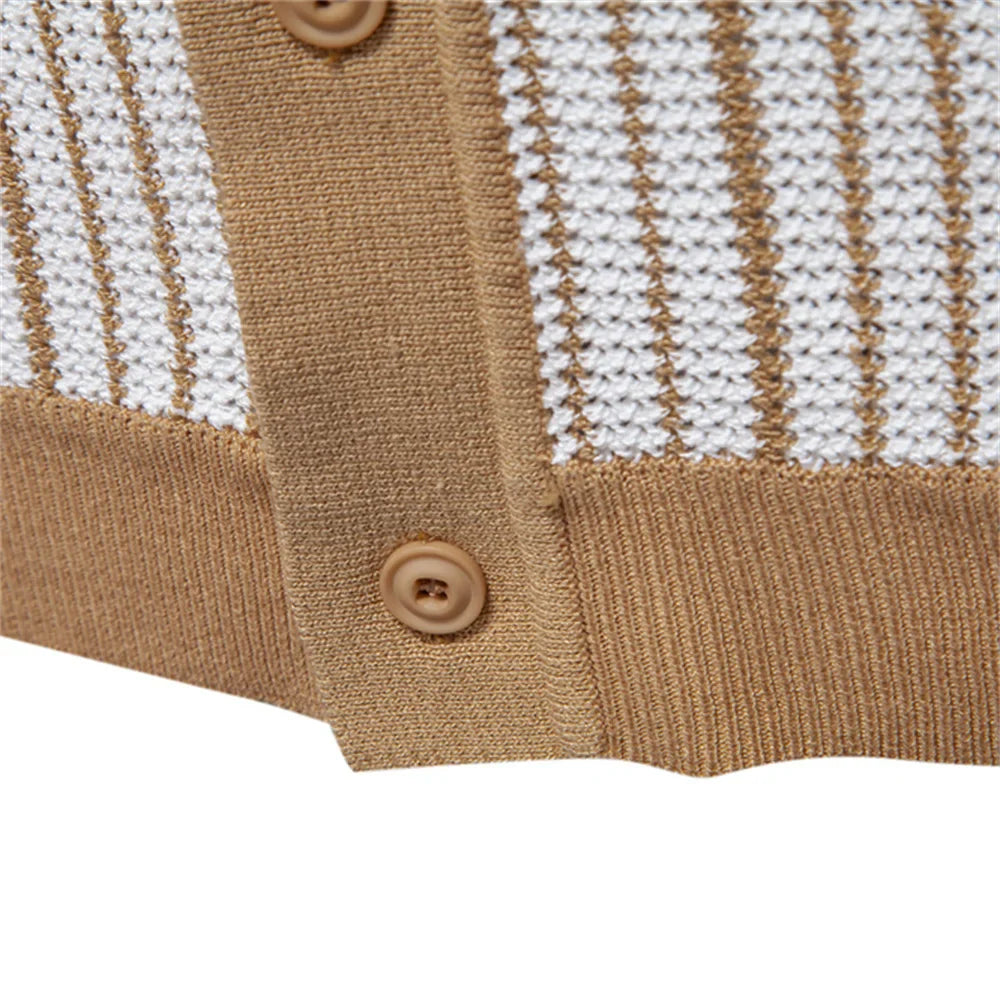 2025 Men's Striped Mesh Polo Shirt - Breathable Contrast Panel Knit Top with Turn-Down Collar