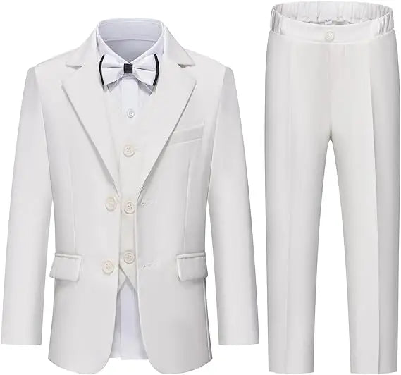 Gentleman Kids White Baptism Photograph Suit Children Slim Jacket Vest Pants Bowtie 4P Piano Dress Boys Prom Performance Costume