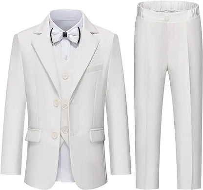 Gentleman Kids White Baptism Photograph Suit Children Slim Jacket Vest Pants Bowtie 4P Piano Dress Boys Prom Performance Costume