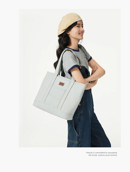 Unisex Utility Canvas Leather Zipper Tote Bag Casual Denim Daily Shopping Handbag Women Man Durable Student School Book Bag