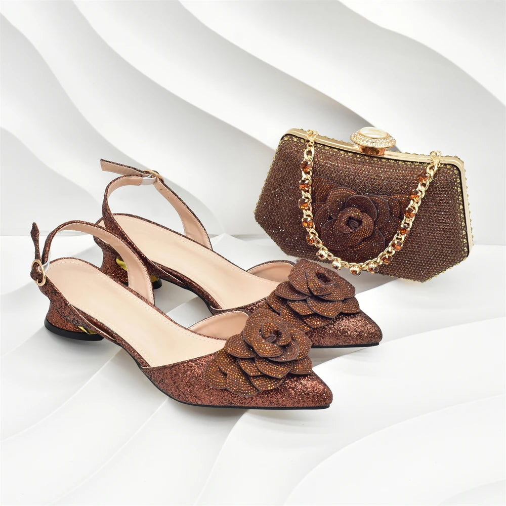 Nigerian Women Shoes and Bag Set Decorated with Rhinestone in Italy African Party Italian Shoe and Bag Luxury Pumps for Wedding