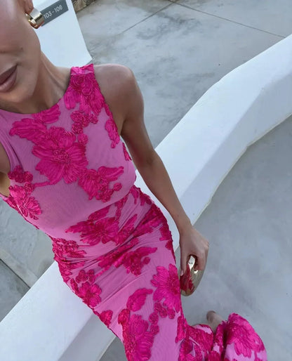 Elegant Women Sleeveless 3d Flowers Party Dress Embroidery Mesh Slim Hip Package Female Fshion Maxi Dresses Robe