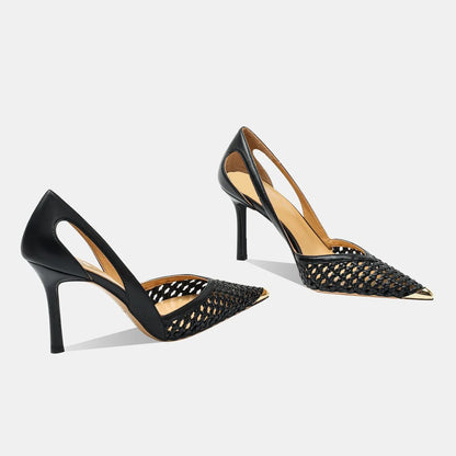 Women Hollow Sandals Elegant Pointed Toe Metal Straps High Heels Shoes Women Elegant Fashion Concise Sandals  Zapatos De Mujer