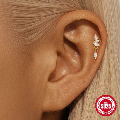 1PC Four Pointed Star Moon Tassel Lotus Cartilage Spiral Puncture 925 Sterling Silver Stud Earring For Women Ins Earring