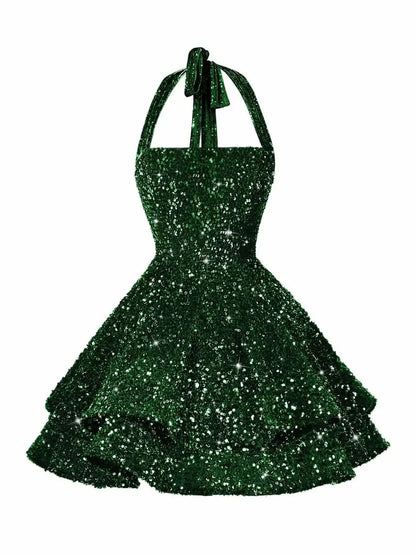 Sequin Short Homecoming Dress for Teens Short Prom Dresses Halter Neck Sparkly Tiered Cocktail Party Gowns
