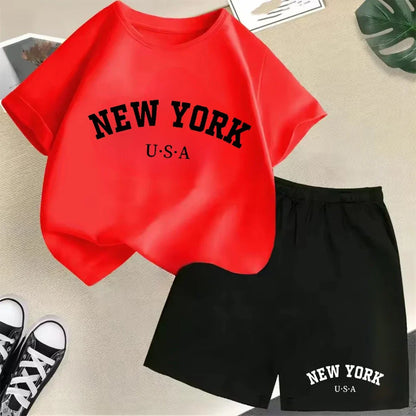 Summer Short Sleeve New York USA Letter Graphic Kid Tshirt +shorts 2pcs Set Baby Boy Girl Clothes Sport Cotton Children Outfit
