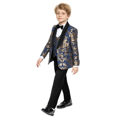 Ornate Jacquard Toddler Suit Set Jacket Pants Bowtie Kids Luxe Concert Tuxedo Ring Bearer Waist Adjustable 3-14 Yrs Suits Suitab