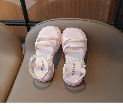 Girl Sandals Summer Children Princess Causal Pearl Beach Shoes Fashion Open-toe Kids Flat Sandals Solid Color Versatile Slip-on