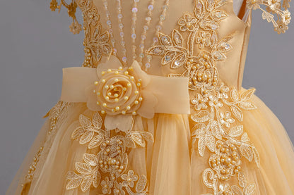 Lace up Tulle Flower Girl Dress Chest with flowers First Communion Ball Gown Wedding Party Bridesmaid Dress Kids 12Y
