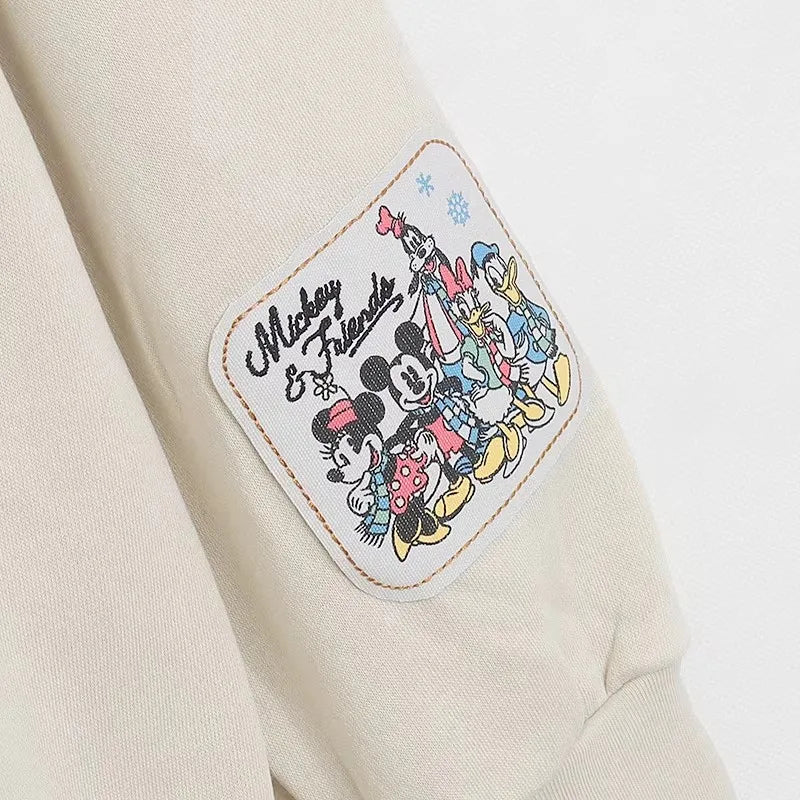 Mickey Mouse Family Patch Letter Cartoon Print Fleece Sweatshirt Jacket Unisex Women Hooded Zip Up Jumper Tops