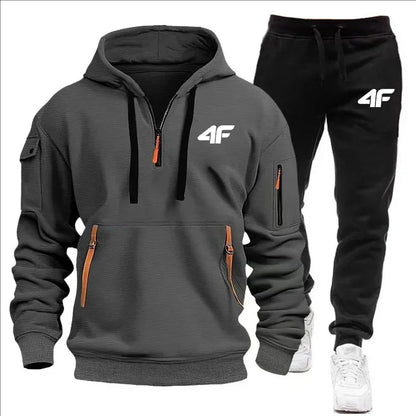 Men's tracksuit zipper hood multi-pocket and protective pants casual jogging tracksuit fall/winter 2-piece setLarge size S-3XL
