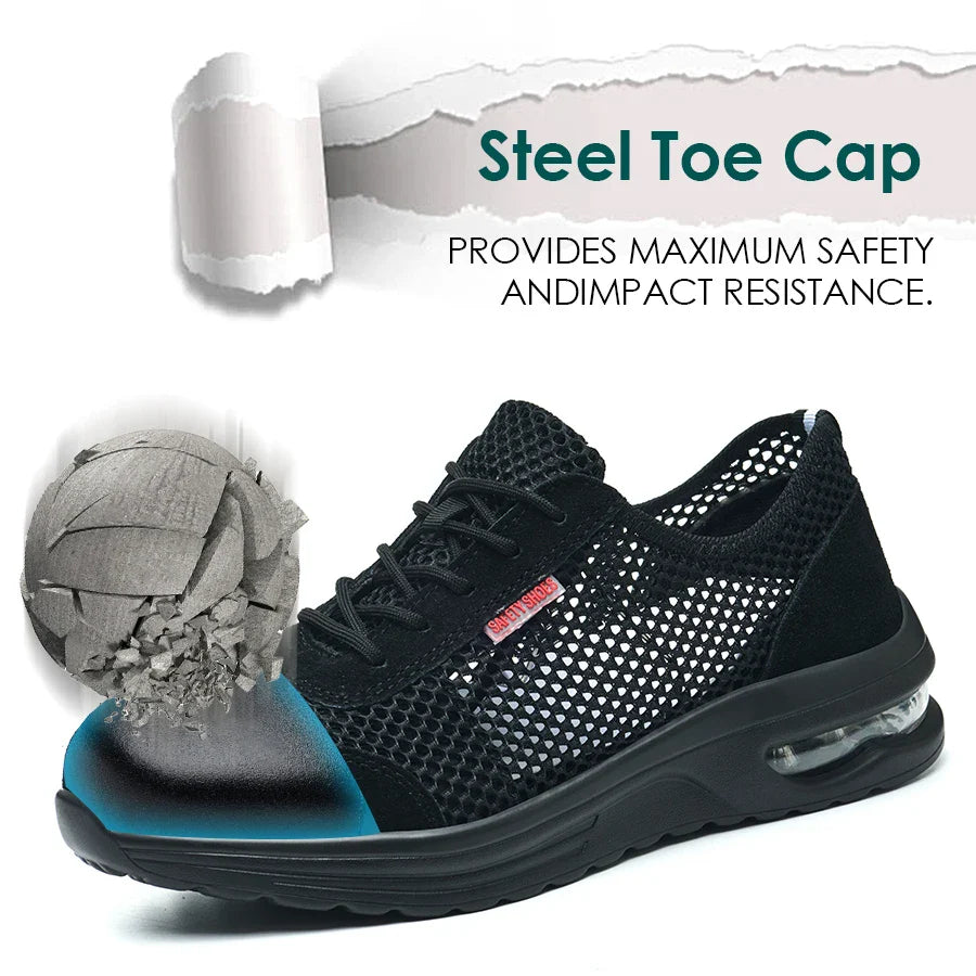Men's Summer Steel Toe Safety Shoes Anti-Crush And Piercing Breathable Lightweight Outdoor Pure Black Work Shoes