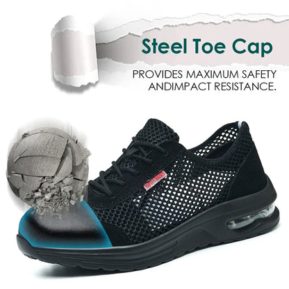 Men's Summer Steel Toe Safety Shoes Anti-Crush And Piercing Breathable Lightweight Outdoor Pure Black Work Shoes