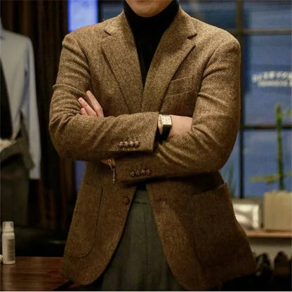 Men's Slim Fit Herringbone Blazer Set Luxury Cashmere Coat Casual Designer Mens Tuxedo Jacket Elegant Business Suit
