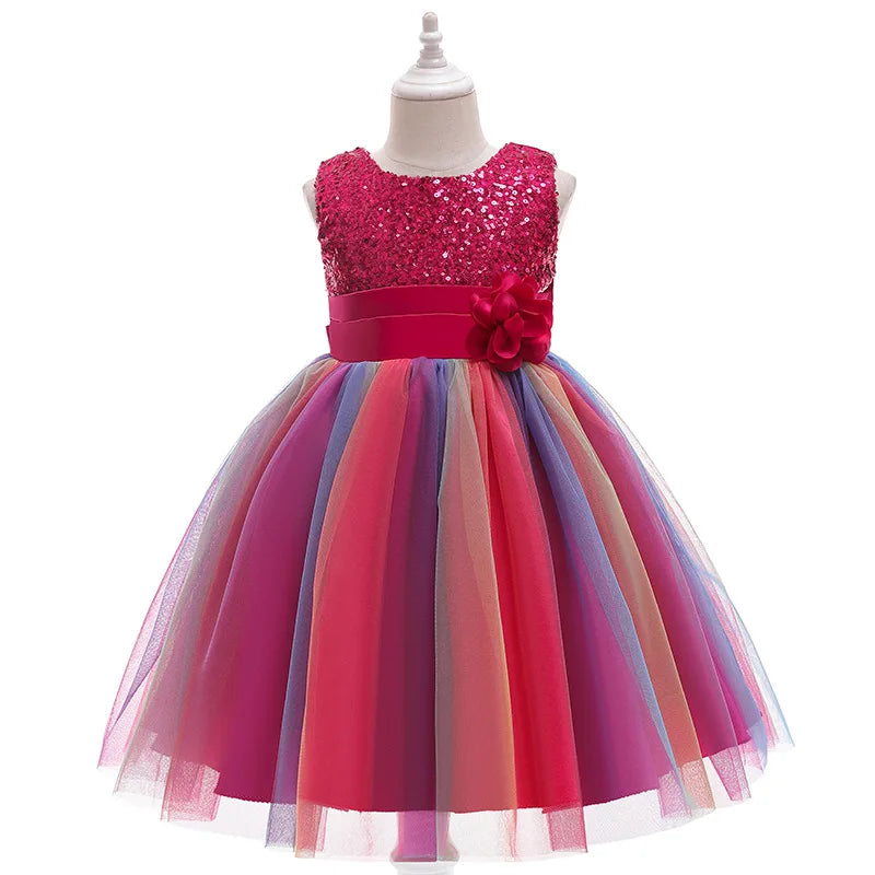 3-12T Sequins Girls  Perform Prom Dress Rainbow Little Princess Piano Banquet Formal Gala Clothes Wedding Sequins Evening Dress