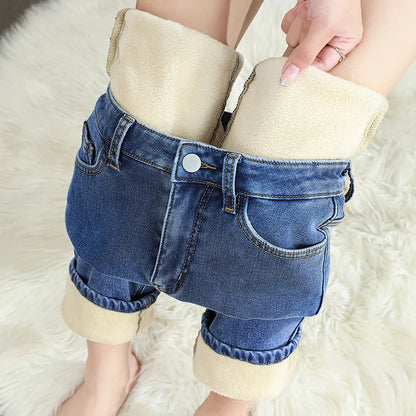 Calças Jeans Femininas de Inverno Quentes de Lã Retrô Elásticas Grossas Confortáveis Retas Modernas Coreanas Casuais de Veludo Denim
