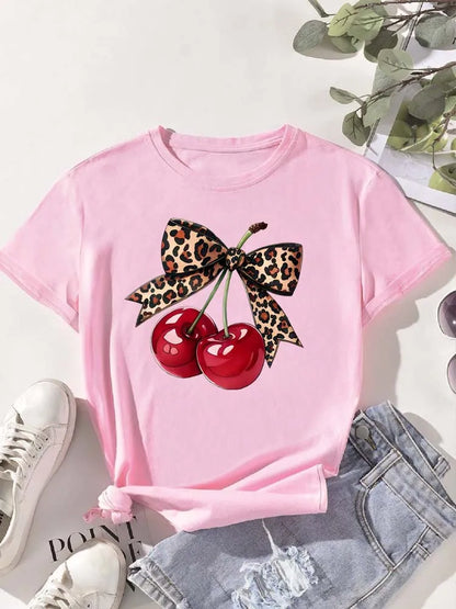 Fashion Cherry Print Women T-Shirt Short Sleeve Crew Neck Casual Tops for Summer Spring Women's Clothing Tops Tees