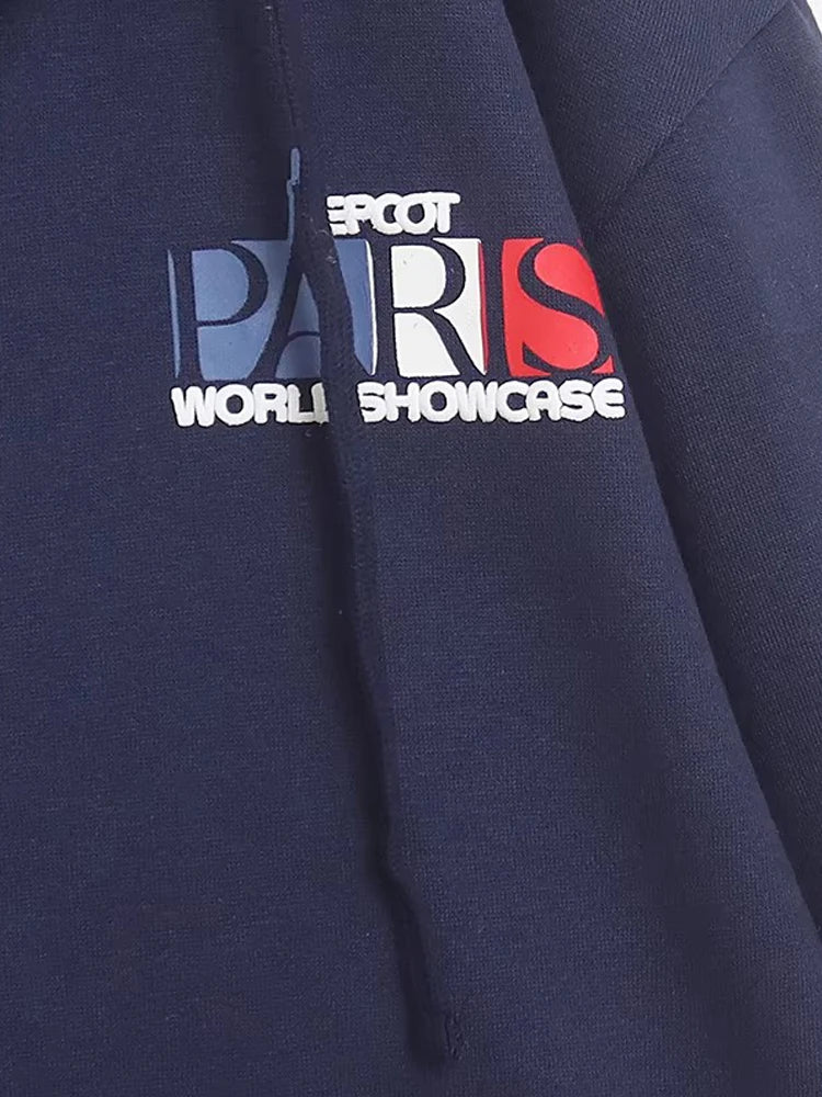 Mickey Mouse Paris Letter Cartoon Print Fleece Sweatshirt Fashion Unisex Women Pockets Hooded Zip Up Jumper Tops