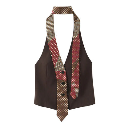Women's Top 2026 Spring New Style Dark Brown Sleeveless Halter Neck with Tie Decoration Vest Sexy Fashion Unique and Versatile