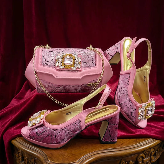 Newest Designer INS Style Pink Color Rhinestone Elegant African Women High Heels Nigeria Ladies Occasion Shoes And Bag Set