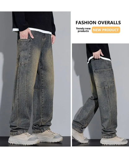 Calça Jeans Masculina de Outono e Inverno, Estilo Americano, com Bolsos Retos e Versátil, em Três Cores para Escolher