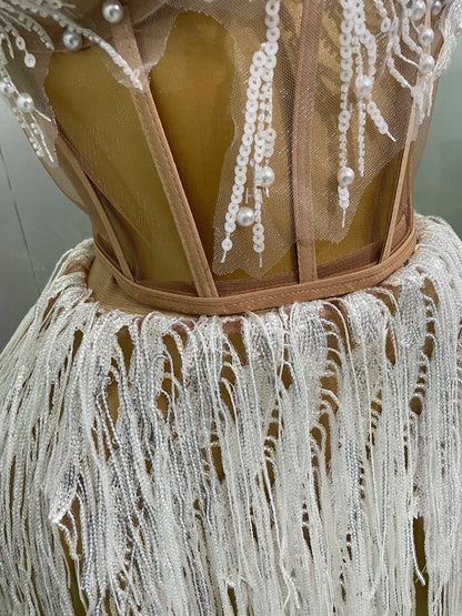 Pearl Sequins Tassel Sleeveless Glitter Mini Dress Women Singer Bar Nightclub Stage Performance Clothing Show Outfit