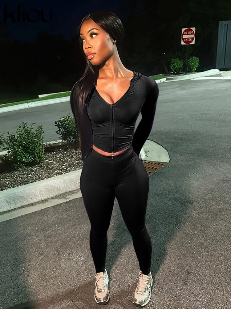 Casual Women 2 Piece Set Classic Tracksuits Solid Long Sleeve Zip-up Hood Tops+Slim Elastic Pants Sporty Concise Outfits
