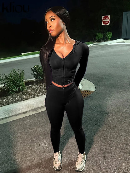 Casual Women 2 Piece Set Classic Tracksuits Solid Long Sleeve Zip-up Hood Tops+Slim Elastic Pants Sporty Concise Outfits
