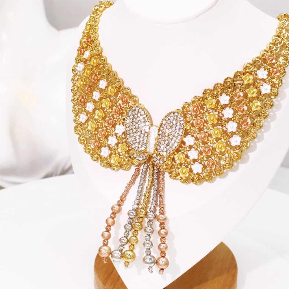 Dubai Gold Color Flower Jewelry Set Fashion Statement Big Butterfly Knot Jewellery Accessories For Women Wedding Gifts