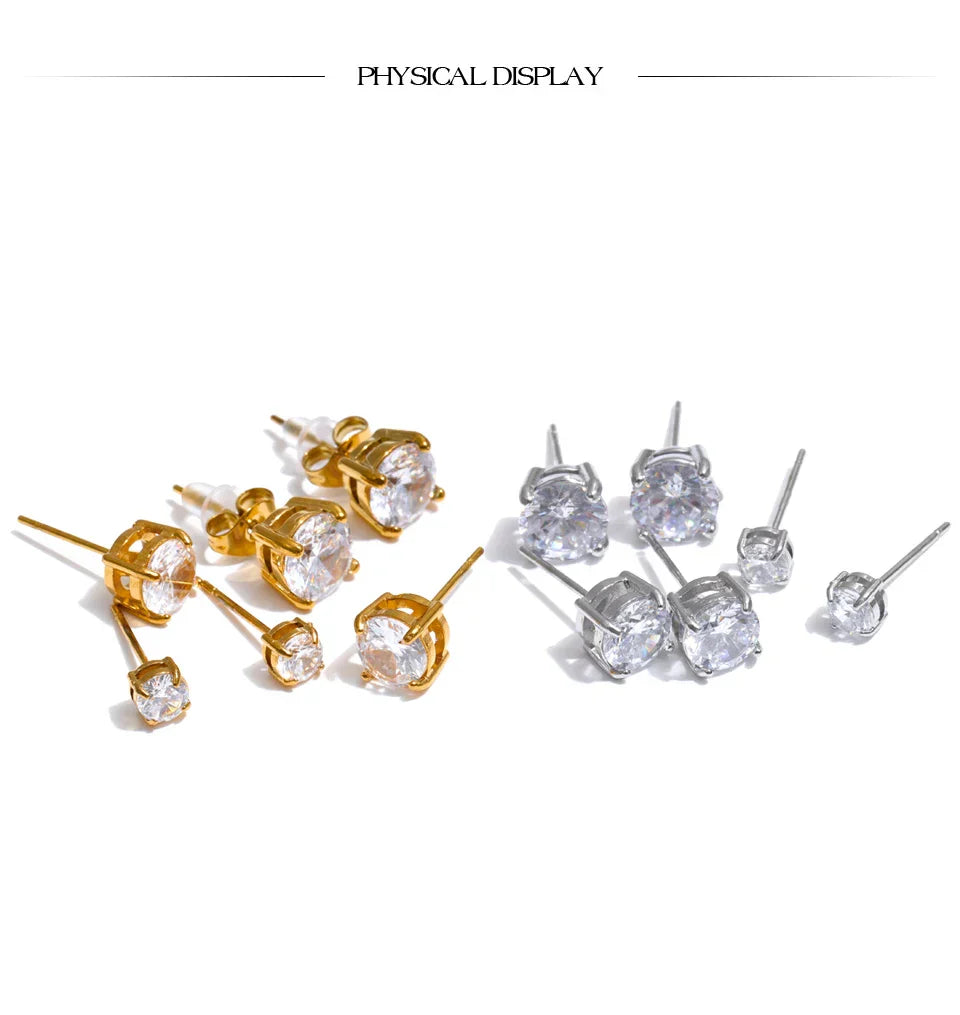 1Set High Quality Shiny Cubic Zirconia Round Stud Earrings Daily Stainless Steel Versatile Premium Jewelry Party Gift