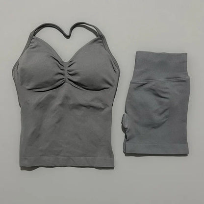 2 Piece Sports Set Women Seamless Yoga Tank With Removable Pads Top Scrunch Butt Workout Leggings Suit Gym Sports Sets