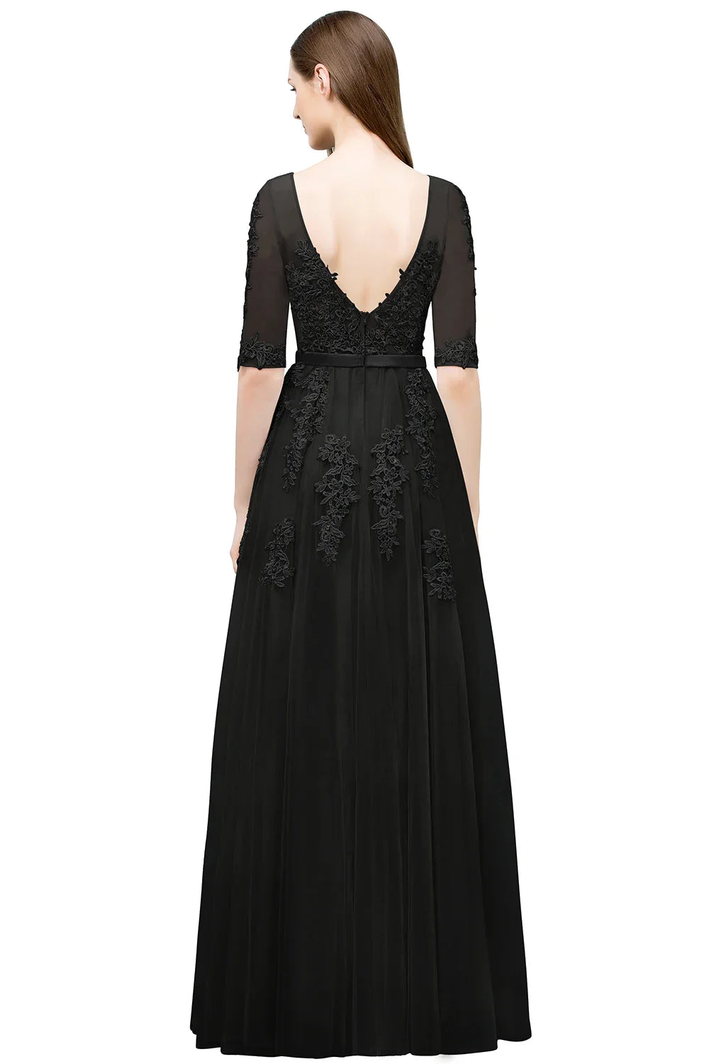 Elegant Half Sleeve Evening Dresses Lace Appliques A-Line Long Tulle Strap V-Neck Sheer Backless Prom Dress Empire Party Gowns