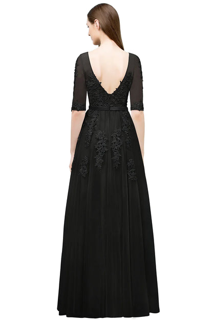 Elegant Half Sleeve Evening Dresses Lace Appliques A-Line Long Tulle Strap V-Neck Sheer Backless Prom Dress Empire Party Gowns