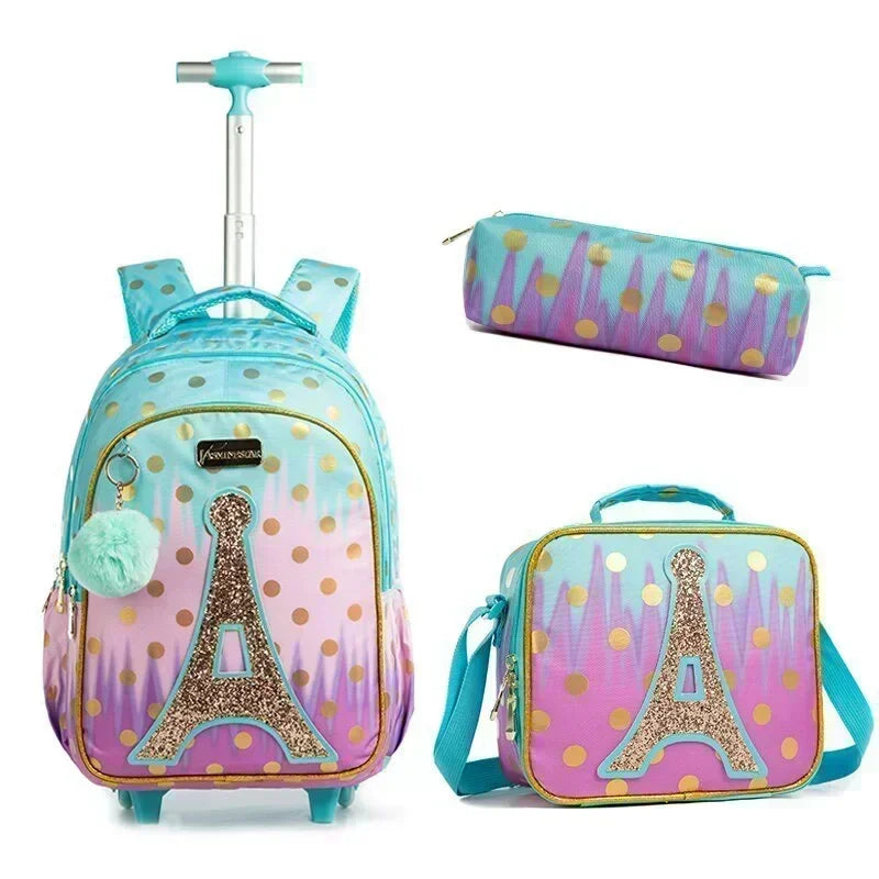 Children's Wheeled Backpack Bag Set with Lunch Box School Rolling Backpack Bag with Wheels School Trolley Backpack Bag for Girls