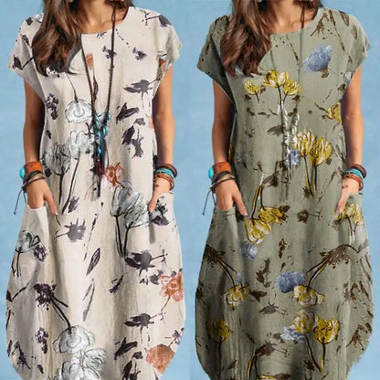 Women Summer Dress Bohemian Floral Print Vestido O-Neck Short Sleeve Pockets Sundress Fashion Casual Elegant Holiday Robe