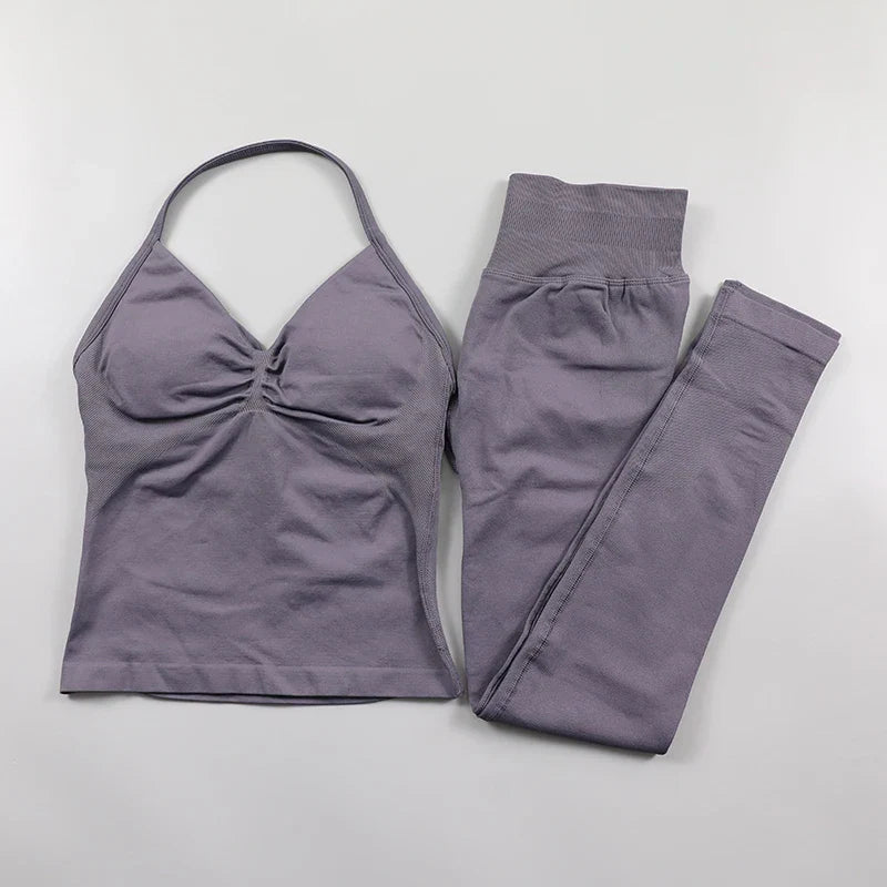 Fitness Leggings Set Women Seamless Yoga Set Fitness Clothing Scrunch Bum Gym Legging Padded Tank Top Workout Outfits Sportswear