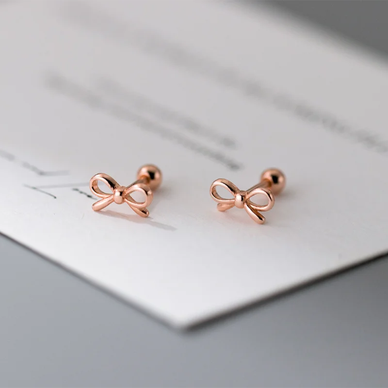 925 Sterling Silver Romantic Bow Screw Bead Piercing Stud Earrings for Women Fashion Simple Cute Girls Party Jewelry Gift