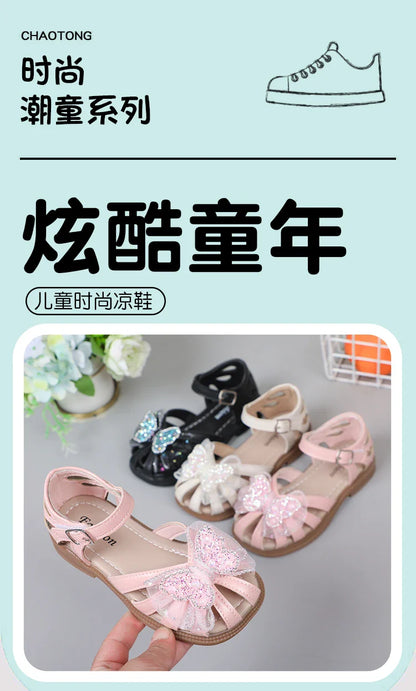 Shine Children Sandals for Girls Butterfly Cute Designer Kids Shoes Peep-toe Korean Style 2023 Summer New Soft Breatheable Chic