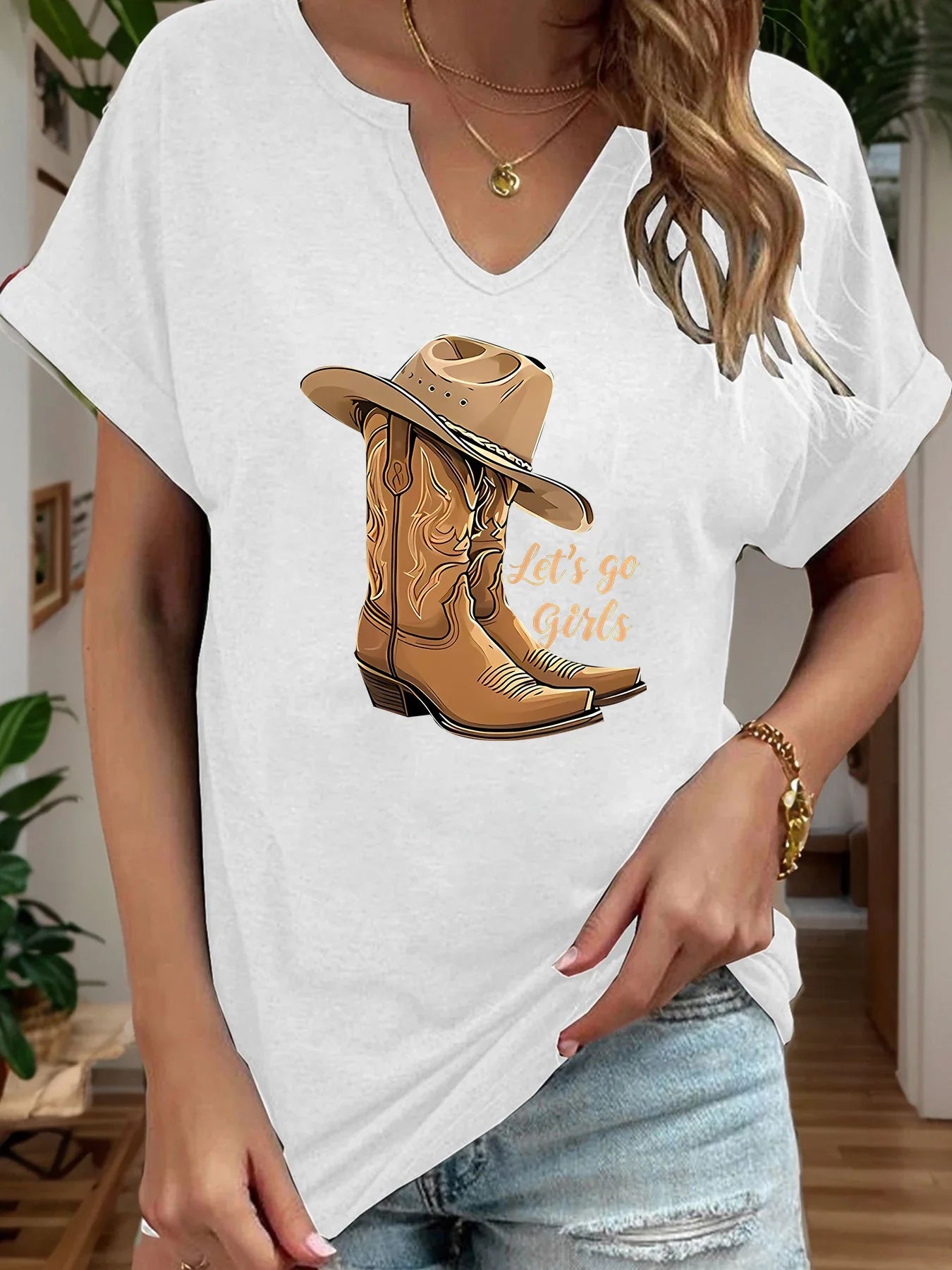 Let's Go Girls Cowboy Boots Letter Print Women T Shirt Short Roll-up Sleeve V-Neck Summer Casual Top T-shirts for Women