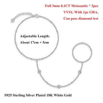 Round Bezel Full 0.1CT 3mm D Color Moissanite Diamond Link Bracelet for Women 925 Silver Adjustable 17-22cm Finger Chain