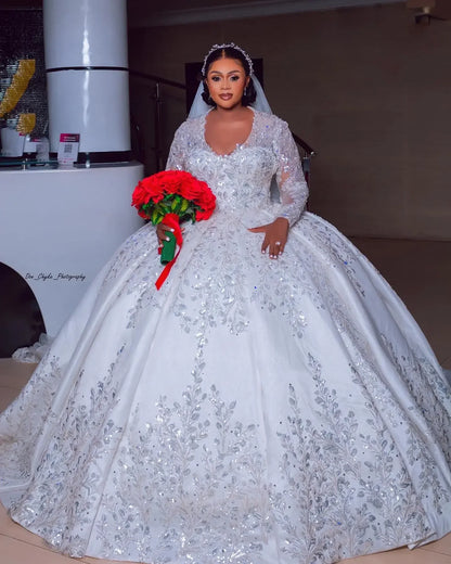 Customized Luxury Plus Size Ball Gowns Lace Sequined Wedding Dress Long Sleeve Bridal Dress Beaded vestidos de novia